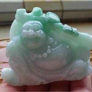 Certified Burma A Jade jadeite Happy Buddha God Ruyi Display with Wood Stand